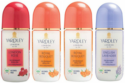 Yardley London 1 London Rose, 2 Royal Bouquet and 1 English Lavender Deodorant Roll-on - For Men & Women(Pack of 4) Deodorant Roll-on - For Men & Women(200 ml, Pack of 4)