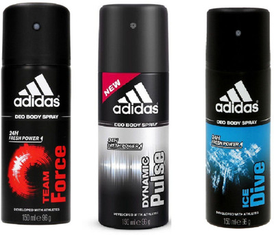

ADIDAS Team Force, Dynamic Pulse and Ice Dive Deodorant Body Spray Pack of 3 (150ML each) Combo Deodorant Spray - For Men(450 ml, Pack of 3)