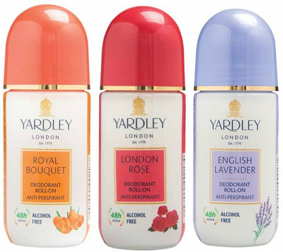 Yardley London 1 Royal Bouquet, 1 London Rose and 1 English Lavender Deodorant Roll-on - For Men & Women(Pack of 3) Deodorant Roll-on - For Men & Women(150 ml, Pack of 3) available at flipkart for Rs.485