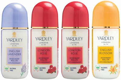 

Yardley London 1 English Lavender, 2 London Rose and 1 English Blossom Deodorant Roll-on - For Men & Women(Pack of 4) Deodorant Roll-on - For Men & Women(200 ml, Pack of 4)