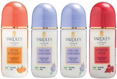 

Yardley London 1 Royal Bouquet, 2 English Lavender and 1 London Rose Deodorant Roll-on - For Men & Women(Pack of 4) Deodorant Roll-on - For Men & Women(200 ml, Pack of 4)