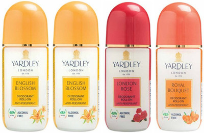 

Yardley London 2 English Blossom, 1 London Rose and 1 Royal Bouquet Deodorant Roll-on - For Men & Women(Pack of 4) Deodorant Roll-on - For Men & Women(200 ml, Pack of 4)