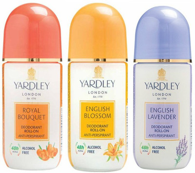 Yardley London 1 Royal Bouquet, 1 English Blossom and 1 English Lavender Deodorant Roll-on - For Men & Women(Pack of 3) Deodorant Roll-on - For Men & Women(150 ml, Pack of 3) available at flipkart for Rs.490