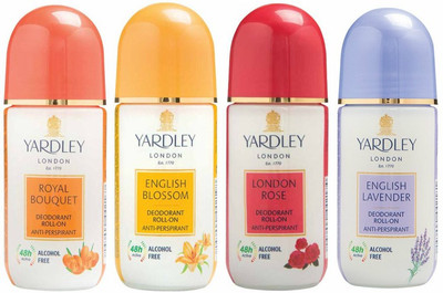 

Yardley London 1 Royal Bouquet, 1 English Blossom, 1 London Rose and 1 English Lavender Deodorant Roll-on - For Men & Women(Pack of 4) Deodorant Roll-on - For Men & Women(200 ml, Pack of 4)