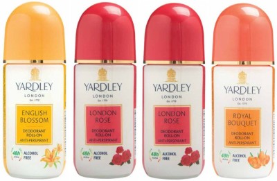 

Yardley London 1 English Blossom, 2 London Rose and 1 Royal Bouquet Deodorant Roll-on - For Men & Women(Pack of 4) Deodorant Roll-on - For Men & Women(200 ml, Pack of 4)