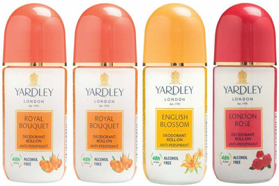 

Yardley London 2 Royal Bouquet, 1 English Blossom and 1 London Rose Deodorant Roll-on - For Men & Women(Pack of 4) Deodorant Roll-on - For Men & Women(200 ml, Pack of 4)