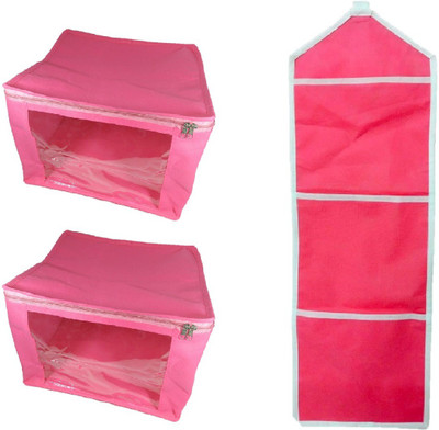 Addyz Plain Combo Of Ladies Large Non - Woven 2 Pieces saree Covers And 1 Hanging Organizer Storage Multipurpose Bag(Pink) available at flipkart for Rs.195