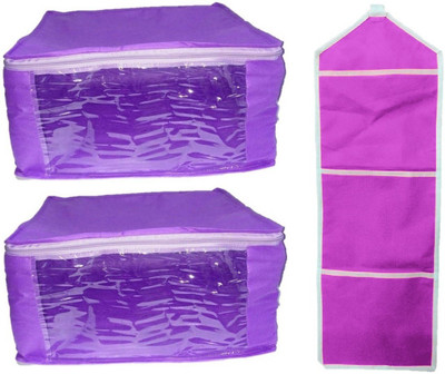 Addyz Plain Combo Of Ladies Large Non - Woven 2 Pieces saree Covers And 1 Hanging Organizer Storage Multipurpose Bag(Purple) available at flipkart for Rs.195