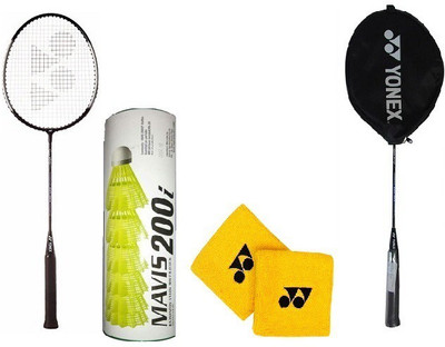 

Yonex Combo Of Five- Two 'GR 303' Badminton rackets (Half Cover) one 'Mavis 200i' shuttle Cock,(1/2 dozen) and One Pair of Wrist band Badminton Kit