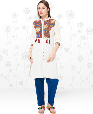 Anmi Floral Print Women Straight Kurta(White)