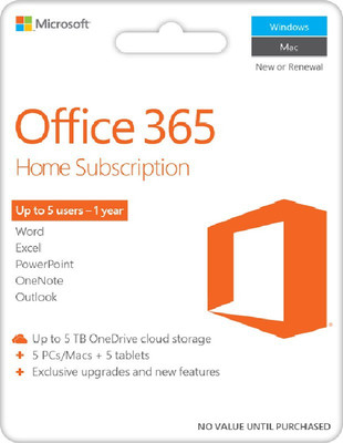 Microsoft Office 365 Home 1-year subscription, Up to 5 users (No DvD, Only Activation Card)(1)