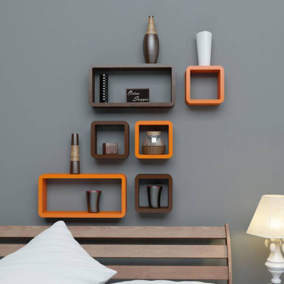 CraftOnline Cube Shape Floating MDF Wall Shelf Wooden Wall Shelf(Number of Shelves - 6, Brown, Orange)