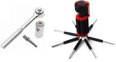 

SNAP N GRIP SHAPE Adjustable Universal Wrench WITH 8 in 1 Tool Multifunction LED Flashlight Screwdriver COMBO Double End Screwdriver set(Pack of 2), Red/black