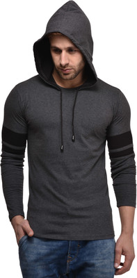 Kay Dee Solid Men Hooded Grey T-Shirt