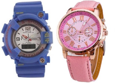 COSMIC BLUE S SHOCK STYLISH DIGITAL MEN WATCH WITH GENEVA PLATINUM ARTIFICIAL CHRONOGRAPH BIG SIZE DIAL PINK STRAP LADIES Watch  - For Men & Women   Watches  (COSMIC)