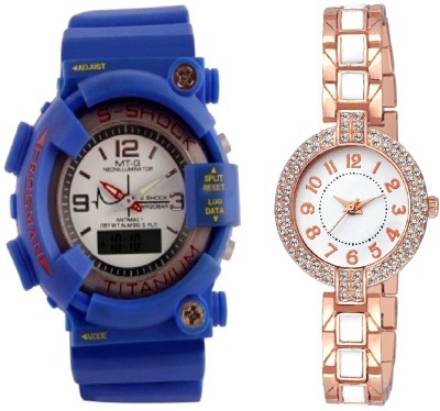 sooms blue s shock stylish digital men watch with diamond studded two tone collection stainless steel strap tiny dial ladies party wear Watch  - For Boys & Girls   Watches  (Sooms)