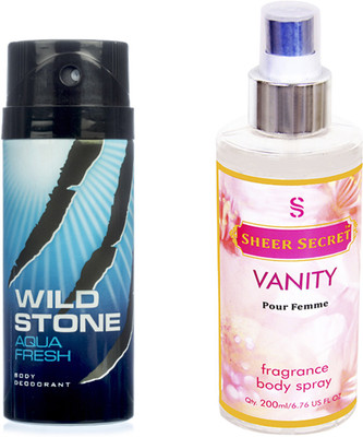 

Wild Stone AQUA 150 ML with SHEER SECRET VANITY WOMEN BODY MIST 200 ML(Set of 2)