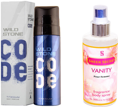 

Wild Stone CODE TITANIUM 120 ML with SHEER SECRET VANITY WOMEN BODY MIST 200 ML(Set of 2)