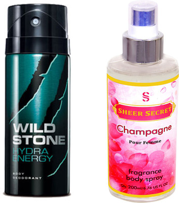 

Wild Stone HYDRA 150 ML with SHEER SECRET CHAMPAGNE WOMEN BODY MIST 200 ML(Set of 2)