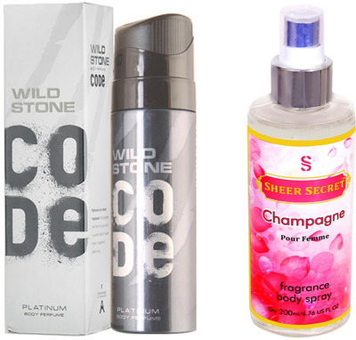 

Wild Stone CODE PLATINUM 120 ML with SHEER SECRET CHAMPAGNE WOMEN BODY MIST 200 ML(Set of 2)