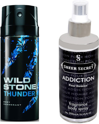 

Wild Stone THUNDER 150 ML with SHEER SECRET ADDICTION MEN BODY MIST 200 ML(Set of 2)