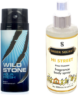 

Wild Stone AQUA 150 ML with SHEER SECRET HI STREET WOMEN BODY MIST 200 ML(Set of 2)