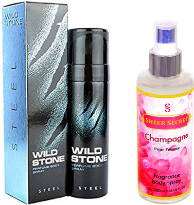 

Wild Stone STEEL 120 ML with SHEER SECRET CHAMPAGNE WOMEN BODY MIST 200 ML(Set of 2)
