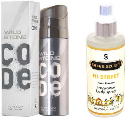 

Wild Stone CODE PLATINUM 120 ML with SHEER SECRET HI STREET WOMEN BODY MIST 200 ML(Set of 2)