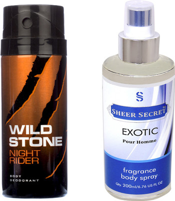 

Wild Stone NIGHT RIDER 150 ML with SHEER SECRET EXOTIC MEN BODY MIST 200 ML(Set of 2)