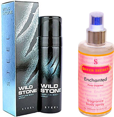 

Wild Stone STEEL 120 ML with SHEER SECRET ENCHANTED WOMEN BODY MIST 200 ML(Set of 2)