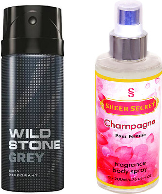 

Wild Stone GREY 150 ML with SHEER SECRET CHAMPAGNE WOMEN BODY MIST 200 ML(Set of 2)