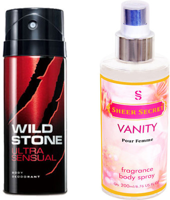 

Wild Stone ULTRA SENSUAL 150 ML with SHEER SECRET VANITY WOMEN BODY MIST 200 ML(Set of 2)