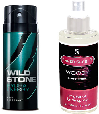 

Wild Stone HYDRA 150 ML with SHEER SECRET WOODY MEN BODY MIST 200 ML(Set of 2)