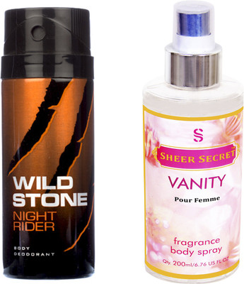 

Wild Stone NIGHT RIDER 150 ML with SHEER SECRET VANITY WOMEN BODY MIST 200 ML(Set of 2)