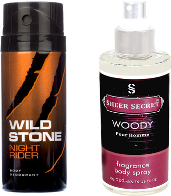 

Wild Stone NIGHT RIDER 150 ML with SHEER SECRET WOODY MEN BODY MIST 200 ML(Set of 2)