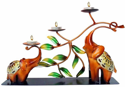 

NG Art Ventura Two Elephant Tea Light Holder with Leaf Work (Mother & baby elephant tree triple tealight holder) Decorative Showpiece - 25 cm(Wooden, Iron, Multicolor)