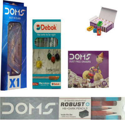 

DOMS ROBUST HB DARK PENCIL X 1 PREMIUM MATHEMATICAL INSTRUMENT BOX + DEBOK BALL PEN + DUST FREE ERASER + EXTRA LONG PENCIL SHARPENERS ART SET