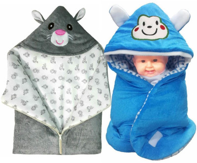 

BRANDONN Printed  Hooded Baby Blanket(Fur, Blue, Grey