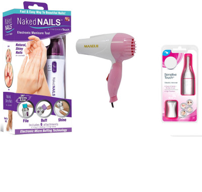 

IBS Naked Nails Electronic Manicure Tool by Finishing Touch WITH Maxel hair dryer AK-001 plus Facial hair Razor remover Cordless Trimmer combo set of 3(Set of 3)