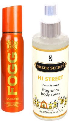 

Fogg RADIATE 150 ML with HI STREET WOMEN BODY MIST 200 ML(Set of 2)