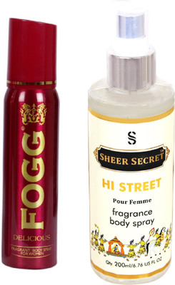 

Fogg DELICIOUS 150 ML with HI STREET WOMEN BODY MIST 200 ML(Set of 2)