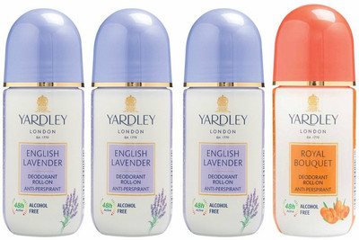 

Yardley London 3 English Lavender and 1 Royal Bouquet Deodorant Roll-on - For Men & Women(Pack of 4) Deodorant Roll-on - For Men & Women(200 ml, Pack of 4)