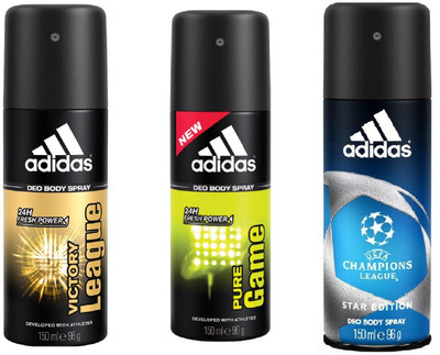 

ADIDAS Victory League, Pure Game and champions League Deodorant Body Spray Pack of 3 (150ML each) Combo Deodorant Spray - For Men(450 ml, Pack of 3)