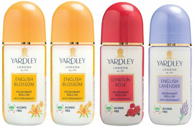 

Yardley London 2 English Blossom, 1 London Rose and 1 English Lavender Deodorant Roll-on - For Men & Women(Pack of 4) Deodorant Roll-on - For Men & Women(200 ml, Pack of 4)
