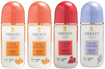 

Yardley London 2 Royal Bouquet, 1 London Rose and 1 English Lavender Deodorant Roll-on - For Men & Women(Pack of 4) Deodorant Roll-on - For Men & Women(200 ml, Pack of 4)