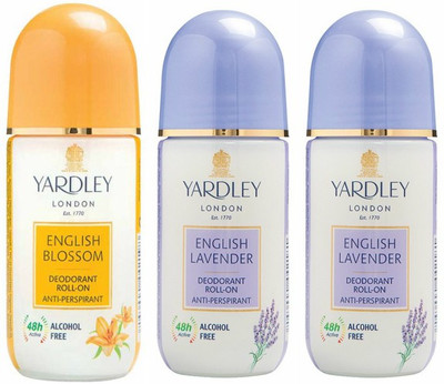 Yardley London 1 English Blossom and 2 English Lavender Deodorant Roll-on - For Men & Women(Pack of 3) Deodorant Roll-on - For Men & Women(150 ml, Pack of 3) available at flipkart for Rs.541
