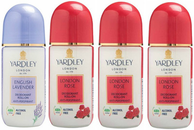

Yardley London 1 English Lavender and 3 London Rose Deodorant Roll-on - For Men & Women(Pack of 4) Deodorant Roll-on - For Men & Women(200 ml, Pack of 4)