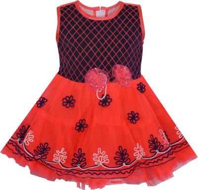 Wishkaro Girls Midi/Knee Length Party Dress(Red, Sleeveless)