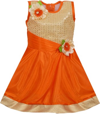 Wishkaro Girls Midi/Knee Length Party Dress(Orange, Sleeveless)