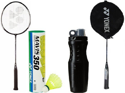 

Yonex Combo Of Four- Two 'GR 303 Saniya Nehwal Special Edition' (Half Cover)' Badminton rackets One 'G 2020' Sipper and one 'Mavis 350' shuttle Cock,(1/2 dozen) Badminton Kit